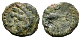 Gades. 1/8 calco. 200-100 a.C. Cádiz. (Abh-1321 variante). (Acip-650). Anv.: Cabeza de Melkart a derecha con piel de león. Rev.: Atún a izquierda con ...