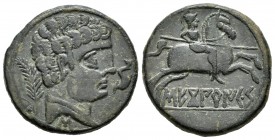 Sekobirikes. As. 120-30 a.C. Saelices (Cuenca). (Abh-2176). (Acip-1876). Anv.: Cabeza masculina a derecha, delante delfín, detrás palma y debajo. Rev....
