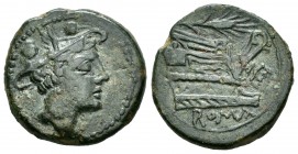 Anonymous. Sextans. 207-206 a.C. Sicilia. (Craw-69/6a). Anv.: Cabeza de Mercurio, encima dos puntos. Rev.: Proa a derecha, sobre ella espiga, delante ...