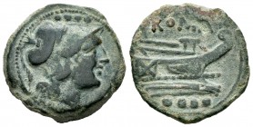 Anonymous. AE Triens. 211 a.C. Rome. (Craw-56/4). Anv.: Cabeza de Minerva a derecha, encima cuatro puntos. Rev.: Proa a derecha, encima ROMA, debajo c...
