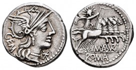 Aburius. Denario. 132 a.C. Rome. (Ffc-88). (Craw-250/1). (Cal-60). Anv.: Cabeza de Roma a derecha, delante X, detrás GEM. Rev.: Sol con látigo, en cua...