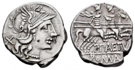 Aelius. Denario. 138 a.C. Auxiliary mint of Rome. (Ffc-99). (Craw-233/1). (Cal-70). Anv.: Cabeza de Roma a derecha, detrás X. Rev.: Los Dioscuros a ca...
