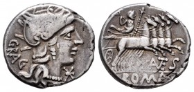 Antestius. Denario. 136 a.C. Rome. (Ffc-151). (Craw-238/1). (Cal-127). Anv.: Cabeza de Roma a derecha, delante X y detrás GRAG. Rev.: Júpiter en cuadr...