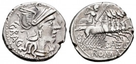 Antestius. Denario. 136 a.C. Rome. (Ffc-151). (Craw-238/1). (Cal-127). Anv.: Cabeza de Roma a derecha, delante X, detrás GRAG. Rev.: Júpiter en cuadri...