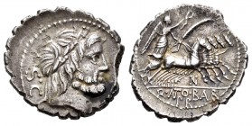 Antonius. Denario. 83-82 a.C. Auxiliary mint of Rome. (Ffc-156). (Craw-364/1d). (Cal-139). Anv.: Cabeza laureada de Júpiter a derecha, detrás SC. Rev....