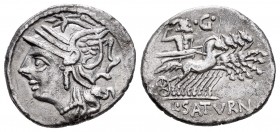 Appuleius. Denario. 104 a.C. Rome. (Ffc-162). (Craw-317/3a). (Cal-226). Anv.: Cabeza de Roma a izquierda. Rev.: Saturno con espada en cuadriga a la de...