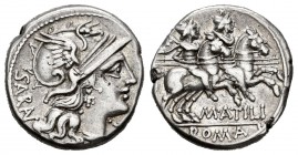 Atilius. Denario. 148 a.C. Rome. (Ffc-176). (Craw-214/1b). (Cal-246). Anv.: Cabeza de Roma a derecha, delante X, detrás SARAN de arriba hacia abajo. R...
