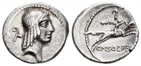 Calpurnius. Denario. 64 a.C. Rome. (Ffc-409). (Cal-342f). Anv.: Cabeza diademada de Apolo a derecha, detrás símbolo. Rev.: Jinete con cabeza desnuda, ...
