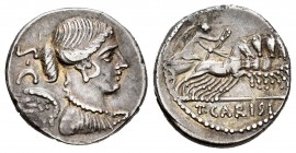 Carisius. Denario. 46 a.C. Rome. (Ffc-538). (Craw-464/5). (Cal-378). Anv.: Busto alado de la Victoria a derecha, detrás S.C. Rev.: Victoria con corona...