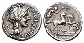 Cipius. Denario. 115-114 a.C. Uncertain mint. (Ffc-563). (Craw-289/1). (Cal-422). Anv.: Cabeza de Roma a derecha, delante M CIPI M F, detrás X. Rev.: ...