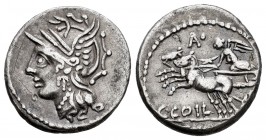 Coelius. Denario. 104 a.C. Rome. (Ffc-574). (Craw-318/1a). (Cal-441). Anv.: Cabeza de Roma a izquierda. Rev.: Victoria en biga a izquierda, encima let...
