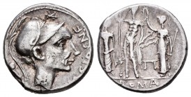 Cornelius. Denario. 112-111 a.C. South of Italy. (Ffc-608). (Craw-296/1v). (Cal-469). Anv.: Cabeza de Escipión el Africano a derecha, encima estrella,...