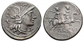 Cupiennius. Denario. 147 a.C. Rome. (Ffc-665). (Craw-218/1). (Cal-530). Anv.: Cabeza de Roma a derecha, delante X, detrás cuerno de la abundancia. Rev...