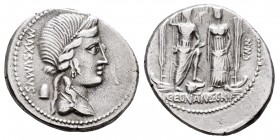 Egnatius. Denario. 75 a.C. Auxiliary mint of Rome. (Ffc-689). (Craw-381/3v). (Cal-564). Anv.: Busto diademado de Libertad a derecha, detrás gorro frig...