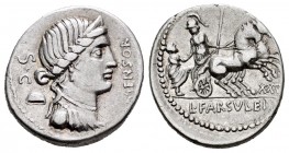 Farsuleius. Denario. 75 a.C. Rome. (Ffc-706). (Cal-577). (Seaby-2). Anv.: Busto diademado de la Libertad a derecha, detrás gorro frigio, delante MENSO...