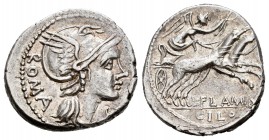Flaminius. Denario. 109-108 a.C. Norte de Italia. (Ffc-708). (Craw-302/1). (Cal-579). Anv.: Cabeza de Roma a derecha, delante X y detrás ROMA. Rev.: V...