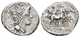 Fundanius. Denario. 101 a.C. Rome. (Ffc-727). (Craw-326/1a). (Cal-597). Anv.: Cabeza de Roma a derecha, detrás letra D. Rev.: Marius con cetro y rama ...
