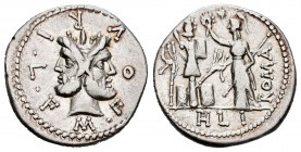 Furius. Denario. 119 a.C. Central Italy. (Ffc-730). (Craw-281/1). (Cal-600). Anv.: Cabeza de Jano bifonte, alrededor M FOVRI L F. Rev.: Roma de pie a ...