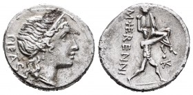 Herennius. Denario. 108-107 a.C. South of Italy. (Ffc-745). (Craw-308/1b). (Cal-616). Anv.: Cabeza diademada de la Piedad a derecha, detrás PIETAS. Re...