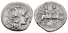 Itia. Denario. 145 a.C. Rome. (Ffc-759). (Craw-209/1). (Cal-627). Anv.: Cabeza de Roma a derecha, detrás X. Rev.: Los Dioscuros a caballo a derecha, e...