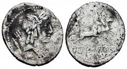 Julius. Denario. 85 a.C. Auxiliary mint of Rome. (Ffc-771). (Cal-637). Anv.: Cabeza alada y laureada de Apolo Vejovis a derecha, detrás tridente y sím...