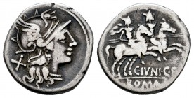 Junius. Denario. 149 a.C. Rome. (Ffc-776). (Craw-210/1). (Cal-859). Anv.: Cabeza de Roma a derecha, detrás X. Rev.: Los Dioscuros a caballo a derecha,...