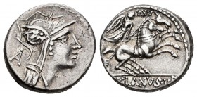 Junius. Denario. 91 a.C. Rome. (Ffc-789). (Craw-337/3a). (Cal-869). Anv.: Cabeza de Roma a derecha, detrás A. Rev.: Victoria en biga a derecha, encima...