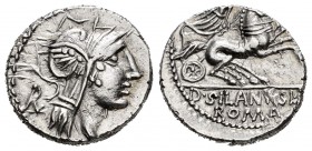 Junius. Denario. 91 a.C. Rome. (Ffc-791). (Craw-337/3v). (Cal-871). Anv.: Cabeza de Roma a derecha, detrás letra. Rev.: Victoria en biga a derecha, en...