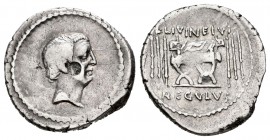 Livineia. Denario. 42 a.C. Rome. (Ffc-815). (Craw-494/28). (Cal-901). Anv.: Cabeza del pretor Lucius Livineius Regulus a derecha. Rev.: Silla curul en...