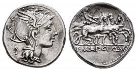 Mallius. Denario. 111-110 a.C. Rome. (Ffc-834). (Craw-299/1b). (Cal-919). Anv.: Cabeza de Roma a derecha, detrás símbolo cuadrangular. Rev.: Victoria ...