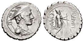 Mamilius. Denario. 82 a.C. Auxiliary mint of Rome. (Ffc-835). (Craw-362/1). (Cal-920). Anv.: Busto de Mercurio a derecha, detrás caduceo, encima letra...