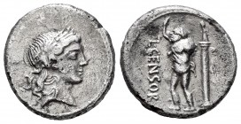 Marcius. Denario forrado. 88 a.C. Rome. (Ffc-888). (Craw-363/1d). (Cal-957). Anv.: Cabeza laureada de Apolo a derecha. Rev.: Sátiro Marsyas, de pia a ...
