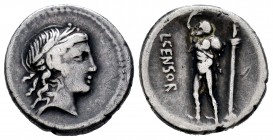 Marcius. Denario. 88 a.C. Rome. (Ffc-888). (Craw-363/1d). (Cal-957). Anv.: Cabeza laureada de Apolo a derecha. Rev.: Sátiro en pie, delante L CENSOR, ...