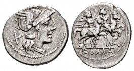 Matiena. Denario. 179-170 a.C. Rome. (Ffc-902). (Craw-162/2a). (Cal-977). Anv.: Cabeza de Roma a derecha, detrás X. Rev.: Los Dioscuros a caballo a de...
