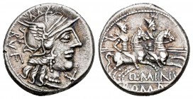 Minucius. Denario. 122 a.C. Auxiliary mint of Rome. (Ffc-920). (Craw-277/1). (Cal-1022). Anv.: Cabeza de Roma a derecha, delante X, detrás RVF. Rev.: ...