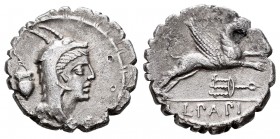 Papius. Denario. 79 a.C. Auxiliary mint of Rome. (Ffc-952). (Craw-384/1). (Cal-1057). Anv.: Cabeza de Juno Sospita a derecha, tocado con piel de cierv...