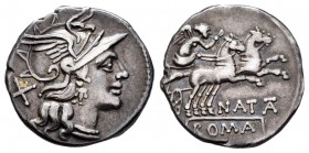 Pinarius. Denario. 149 a.C. Rome. (Ffc-965). (Craw-208/1). (Cal-1092). Anv.: Cabeza de Roma a derecha, detrás X. Rev.: Victoria en biga a derecha, deb...