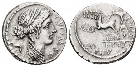 Plautius. Denario. 60 a.C. Rome. (Ffc-997). (Craw-420/2a). (Cal-1126). Anv.: Cabeza diademada de Leuconoe a derecha, detrás delfín, delante P YPSAE S ...