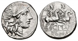 Plutius. Denario. 121 a.C. Auxiliary mint of Rome. (Ffc-1009). (Craw-278/1). (Cal-1136). Anv.: Cabeza de Roma a derecha, detrás X. Rev.: Los Dioscuros...