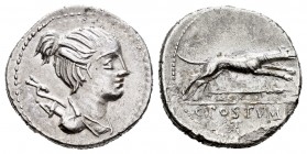 Postumius. Denario. 74 a.C. Rome. (Ffc-1073). (Craw-394/1a). (Cal-1217). Anv.: Cabeza de Diana a derecha con arco y carcaj. Rev.: Perro a derecha, deb...