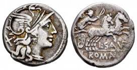 Saufeia. Denario. 152 a.C. Rome. (Ffc-1099). (Craw-204/1). (Cal-1245). Anv.: Cabeza de Roma a derecha, detrás X. Rev.: Victoria con látigo en biga a d...