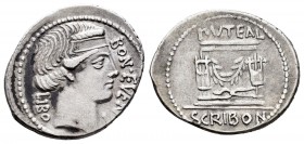 Scribonius. Denario. 62 a.C. Rome. (Ffc-1101). (Craw-416/1b). (Cal-1247). Anv.: Cabeza diademanda de Bonus Eventus a derecha, LIBO BON EVENT. Rev.: Po...