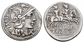 Sempronius. Denario. 148 a.C. Rome. (Ffc-1107). (Craw-216/1). (Cal-1251). Anv.: Cabeza de Roma a derecha, delante X, detrás PITIO. Rev.: Los Dioscuros...