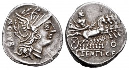 Sentius. Denario. 101 a.C. Norte de Italia. (Ffc-1108). (Craw-325/1b). (Cal-1257). Anv.: Cabeza de Roma a derecha, detrás ARG PVB. Rev.: Jupiter con c...