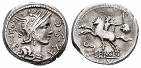 Sergius. Denario. 116-115 a.C. Norte de Italia. (Ffc-1111). (Craw-286/1). (Cal-1271). Anv.: Cabeza de Roma a derecha, detrás ROMA X, delante EX SC. Re...
