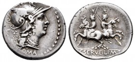 Servilius. Denario. 136 a.C. Central Italy. (Ffc-1116). (Craw-239/1). (Cal-1275). Anv.: Cabeza de Roma a derecha, detrás corona, debajo X ROMA. Rev.: ...