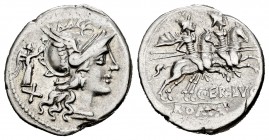 Terentius. Denario. 147 a.C. Rome. (Ffc-1140). (Craw-217/1). (Cal-1297). Anv.: Cabeza de Roma a derecha, detrás Victoria coronándola y X. Rev.: Los Di...