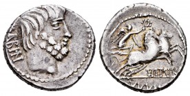Titurius. Denario. 89 a.C. Rome. (Ffc-1148). (Cal-1305). Anv.: Cabeza del rey Tatius a derecha, detrás SABIN. Rev.: Victoria con corona en biga a dere...