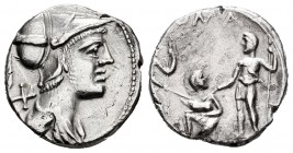 Veturius. Denario. 137 a.C. Central Italy. (Ffc-1186). (Craw-234/1). (Cal-1344). Anv.: Cabeza de Marte a derecha detrás X y leyenda (TI VET). Rev.: Un...