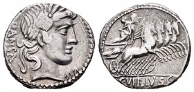 Vibius. Denario. 90 a.C. Auxiliary mint of Rome. (Ffc-1201). (Craw-342/5b). (Cal-1354). Anv.: Cabeza de Apolo a derecha, delante símbolo y detrás PANS...